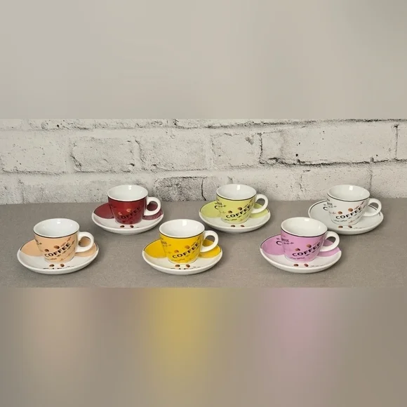 Vintage Café Coffee Cups & Saucers Set of 6 Multicolor Espresso Style - Picture 4 of 12